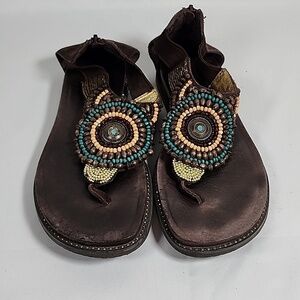💜alegria PG LITE ZAN-802 Brown Suede Beaded Thongs Sandals Flats Casual Shoes